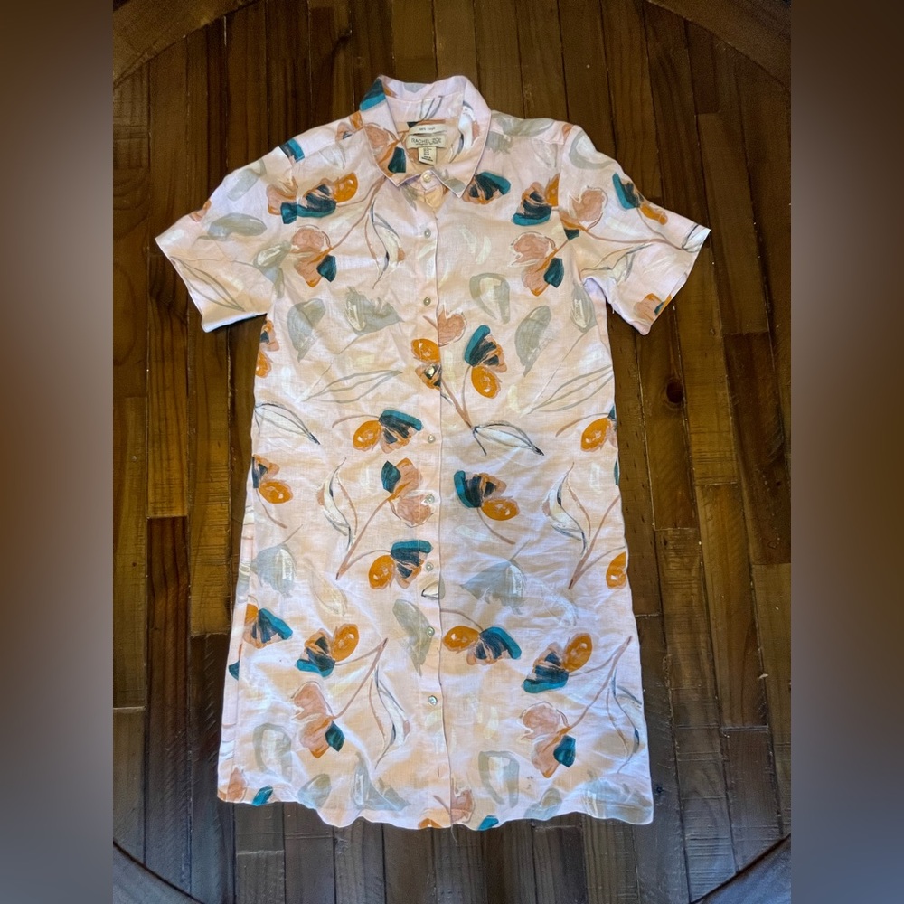 Rachel Zoe 100% linen shirt dress floral button down short sleeve size M pink